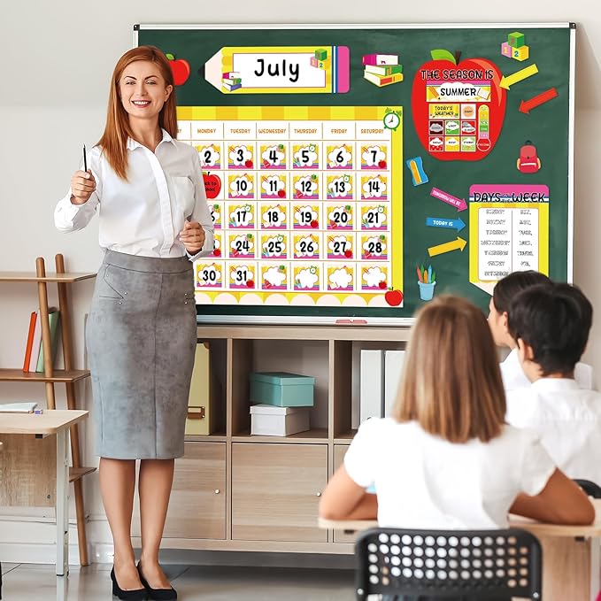 Back to School Calendar Bulletin Board Set for Classroom Decoration Colorful Pencil Apple Calendar Seasons Weather Chart Pencil CTP Bulletin Board Paper-Cuts for Teachers Elementary School Classroom