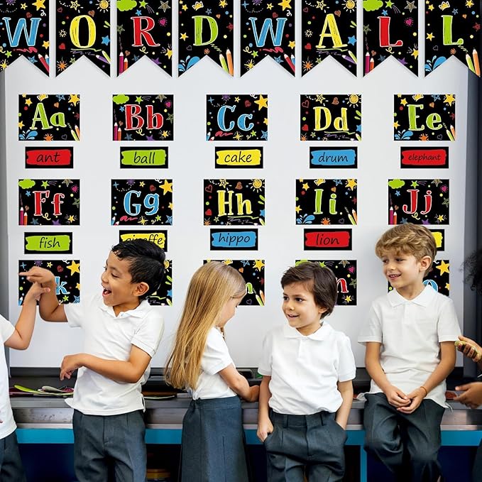 Word Wall Classroom Bulletin Board Set Classroom Alphabet Letters for Wall Alphabet Classroom Decoration Supplies for Home Preschool Primary School Classroom Wall Decor(Colorful on Black)