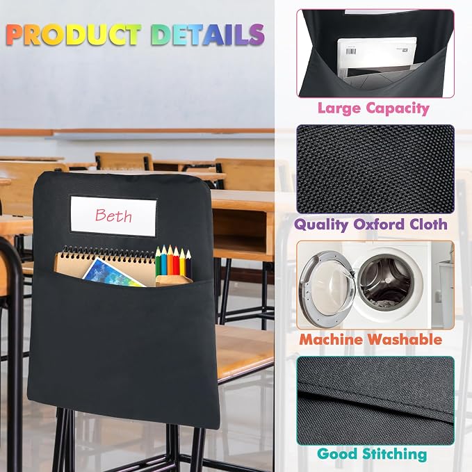 Black Chair Pockets for Classrooms, Seat Sacks for Classroom Chairs K-2 with Name Tag for Organizing Classroom Supplies Fits Students School Office College (12)