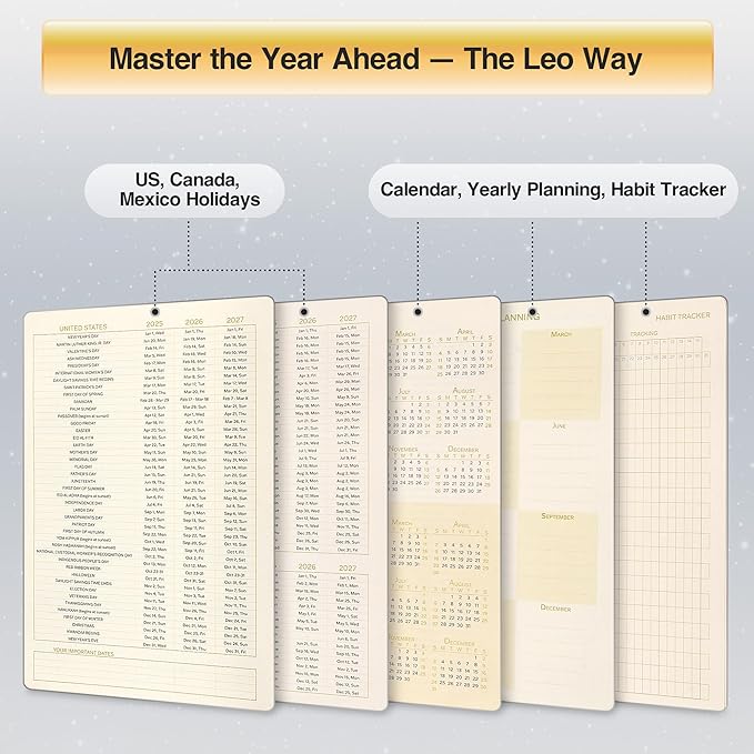AuroPlanner Leo Zodiac Undated Planner – Monthly Weekly Daily Astrology Portable Journal Notebook, A5 (5.8” × 8.3”), 160 Pages 4-Month Layout, 100 GSM Paper