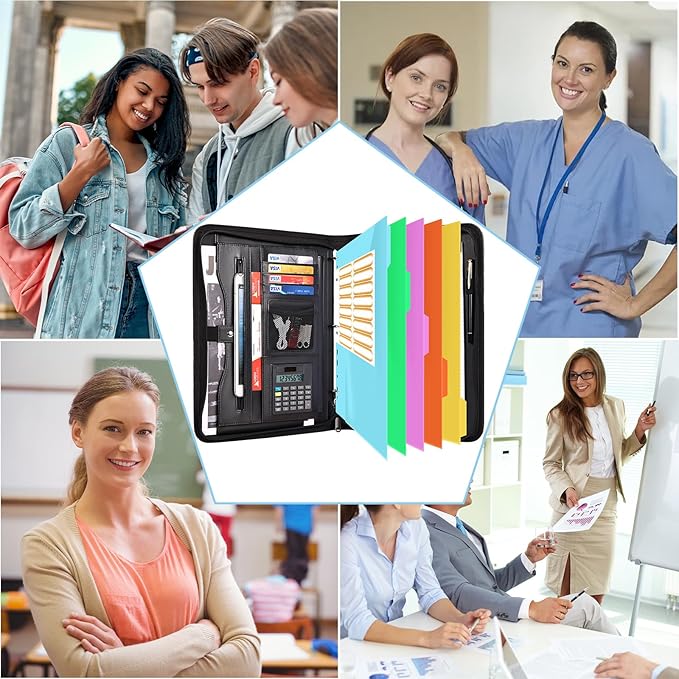 Eshow Portfolio Organizer - 3 Ring Binder with Zipper, Vegan Leather Business Padfolio Folder with Notepad Includes 5 Colorful Sheet Protectors for Documents Files for Women