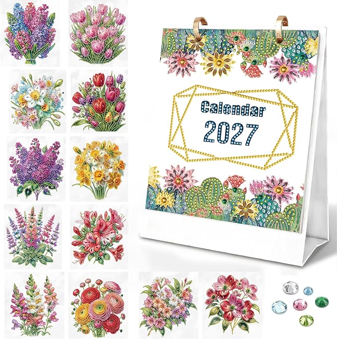 2027 Standing Desk Calendar DIY Diamond Art Painting Monthly Flip Dates Flowers Double-Sided Pattern Tabletop Calendars Diamond Art Craft Supplies Planner Office Home-2027 Flowers