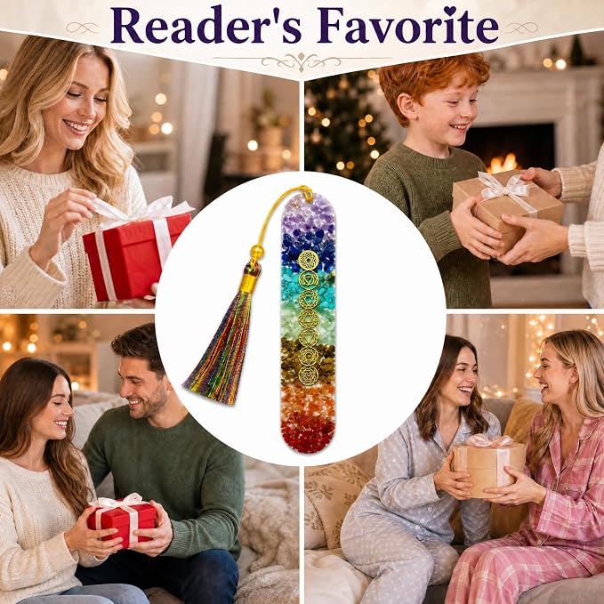 Fantasy Vintage Bookmark Gifts - 7 Chakra Stones Healing Crystals Resin Bookmarks for Women Men Book Lovers Beaded Tassels Page Marks Reading Accessories Bookish Birthday Graduation Gift