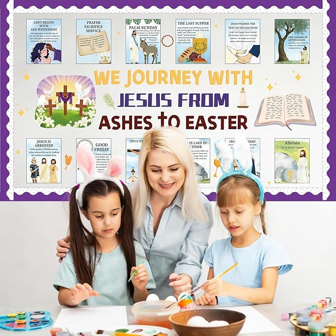 Easter Bulletin Board Decoration Set Jesus Resurrection Journey Posters from Ashes to Easter Classroom Decorations Holy Week Events Paper Cutouts for Kids Christian Chalkboard Wall Door Decor
