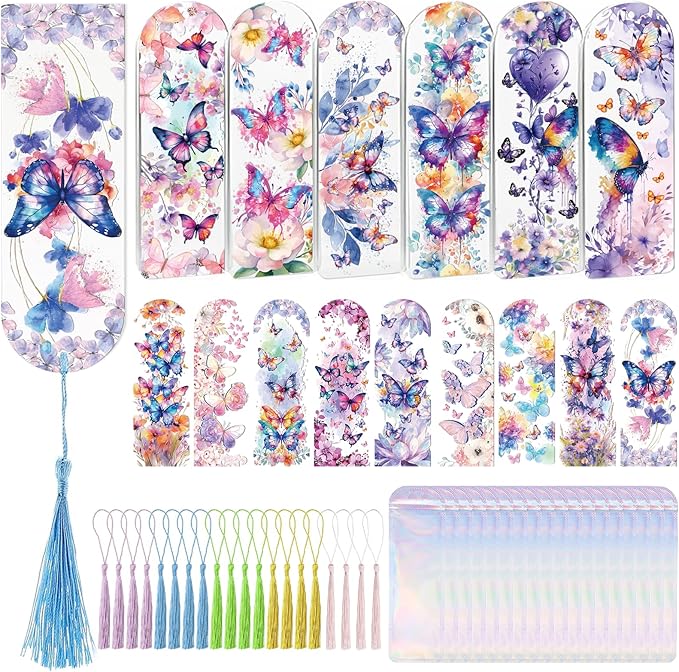 Dazoratix Butterfly Bookmark Making Kit - 60 PCs Floral Acrylic Bookmarks Blanks with Tassels Flower UV DTF Transfer Stickers DIY Craft Projects Clear Transparent Marks Tags for Women Book Lovers Gift