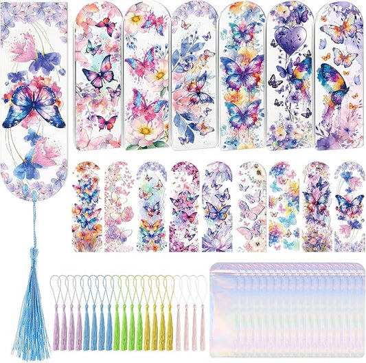 Dazoratix Butterfly Bookmark Making Kit - 60 PCs Floral Acrylic Bookmarks Blanks with Tassels Flower UV DTF Transfer Stickers DIY Craft Projects Clear Transparent Marks Tags for Women Book Lovers Gift