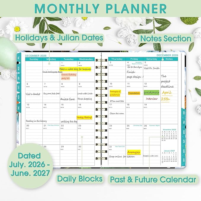 Planner 2026-2027, Academic Year Planner - Daily, Weekly & Monthly Calendar, Jul 2026 - Jun 2027, 6.3" x 8.5", Spiral Notebook with Tabs, Stickers & Inner Pocket, Ideal for School, Office, Home
