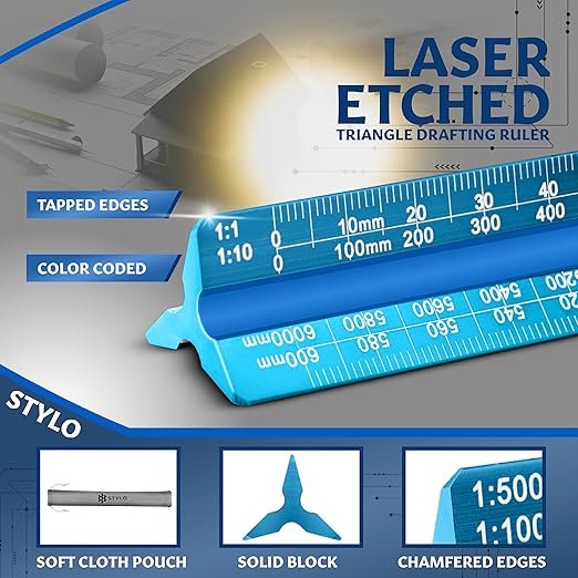 12" Aluminum Architect Scale Ruler Laser Etched Triangle Drafting Ruler, Color Coded Grooves for Blueprint, Drafting and Drawing, Architectural Scale Ruler for Blueprints (Light Blue, Metric Units)