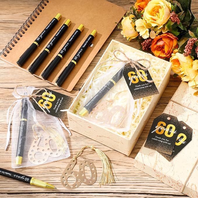 Spakon 50 Set 60h Birthday Party Favor for Guest Anniversary Party Favor Golden Birthday Bookmark Thanks Coming Pen with Tag Appreciation Gifts for Women Men Wedding Anniversary