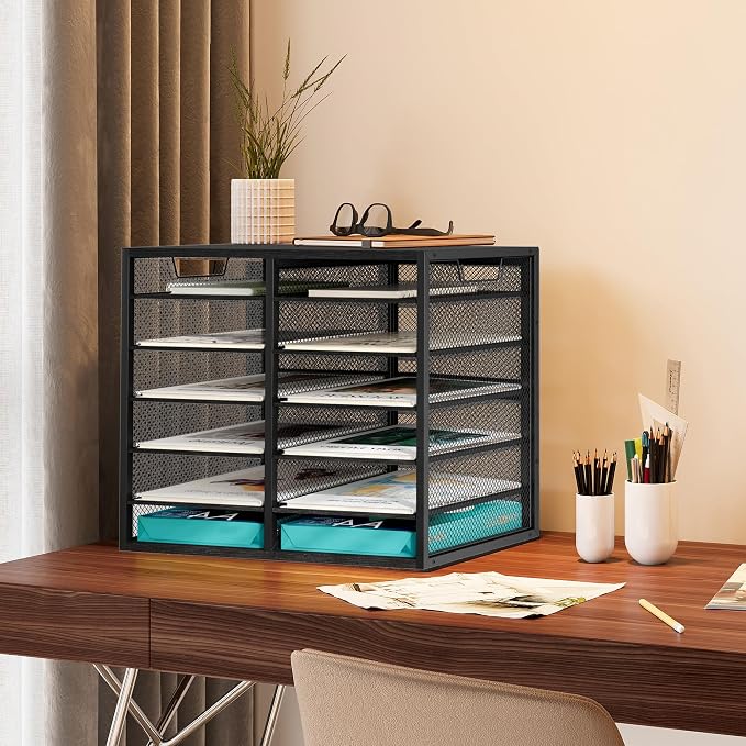 TQVAI 12 Compartments Desktop Literature Organizer, Metal Frame Paper Sorter with Handles, Adjustable Mailbox for Classroom and Office, Desk File Organizer for Document, Bill, Magazine, Black