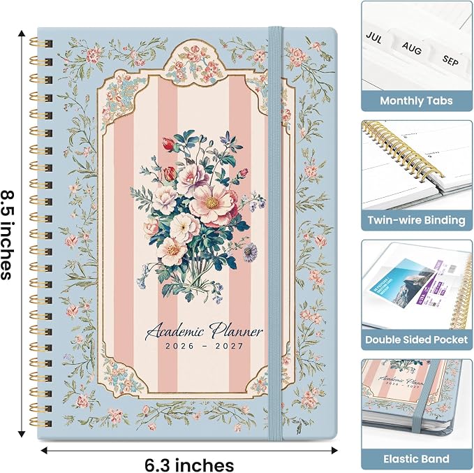 Planner 2026–2027, Academic Year Monthly & Weekly Calendar Book, Jul 2026–Jun 2027, Hardcover Organizer with Tabs, Student & Teacher Planner, 6.3" x 8.5", Parisian Bouquet