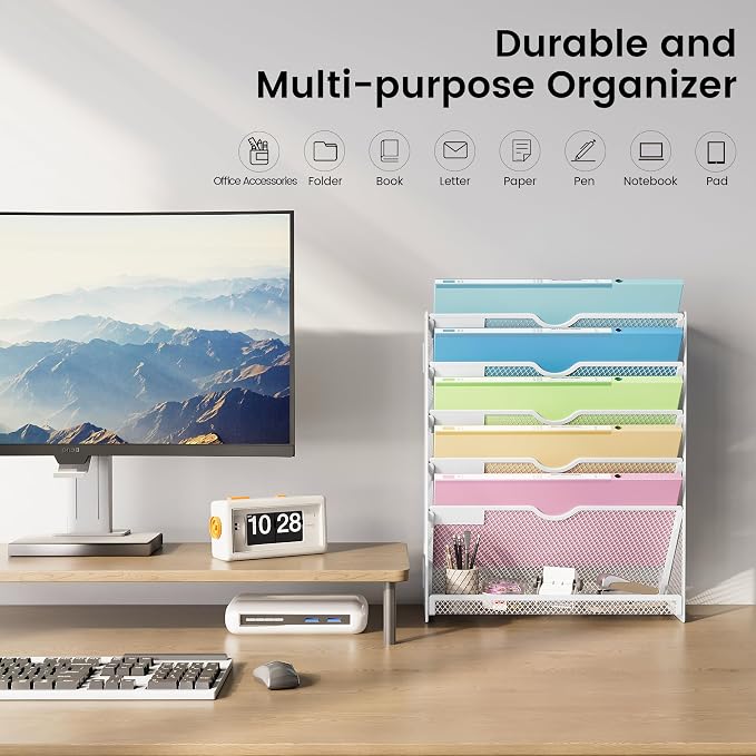 Hanging Wall File Organizer 6-Tier Wall Mount Mail Organizer & Desk Paper Organizer, Sleek White Metal File Folder Holder for Office, Cubicle, Bedroom | All-in-One Document Storage Shelf