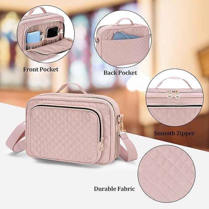 Teamoy Large Bible Cover, Women Bible Carrying Case Church Bag with Straps and Pens Holder, Bible Study Religious Supplies Tote Bag, Pink Quilted