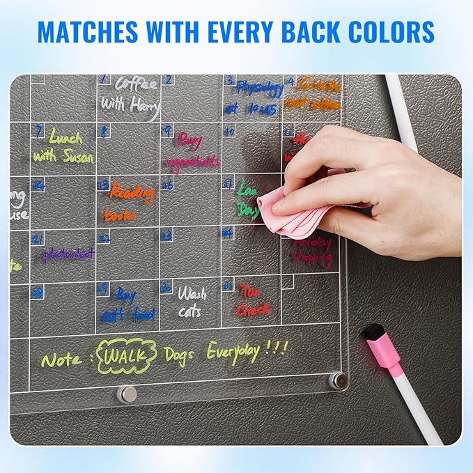 Magnetic Acrylic Calendar for Fridge, 2 Pack Clear Dry Erase Board for Refrigerator, Monthly Planner and Weekly Planner with 8 Colorful Markers, Meal Planner Menu Board for Fridge -14.5''*11.5‘’