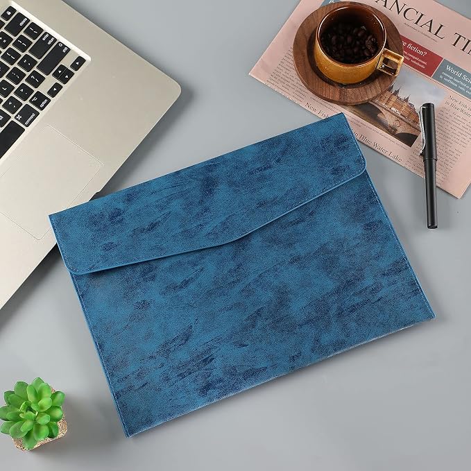 PU Leather A4 File Folder Document Holder Waterproof Portfolio Envelope Folder Case with Snap Closure Blue