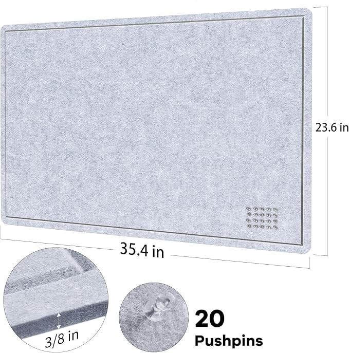 Lightomorrow Bulletin Board, 36 x 24 inches Felt Board - Decorative Pin Board, Cork Board Alternative for Wall, Foldable Self-Adhesive Vision Board Prayer Board with 20 Pushpins-Blue Haze