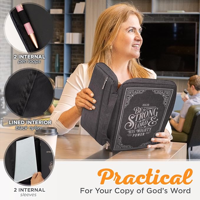 Christian Art Gifts Men/Women's Bible Cover Strong in The Lord Ephesians 6:10, Gray Canvas, Medium