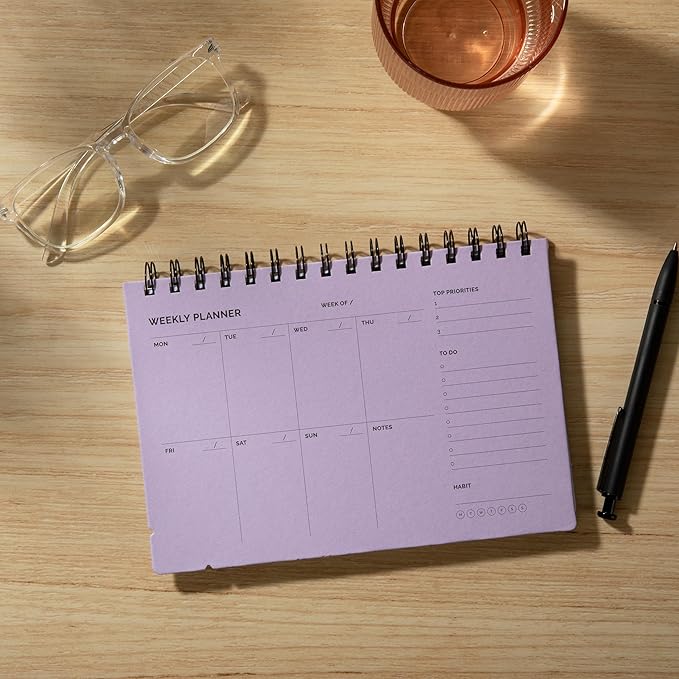 Undated Weekly Planner Notebook - Spiral Bound, 60 Pages, 5.75 x 8.5" (A5 size), Purple Cover