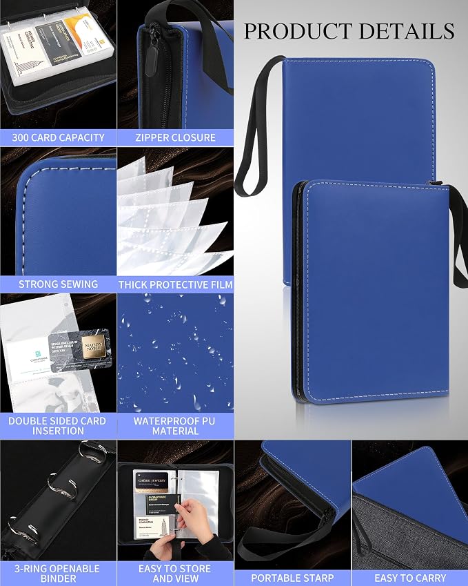 Leather Business Card Book Holder Organizer, Professional Name Card Book Holder with 300 Card Capacity, Portable PU Credit Card Binder File Sleeve Storage for Men Women,50 Pack Sleeves Zipper Closure