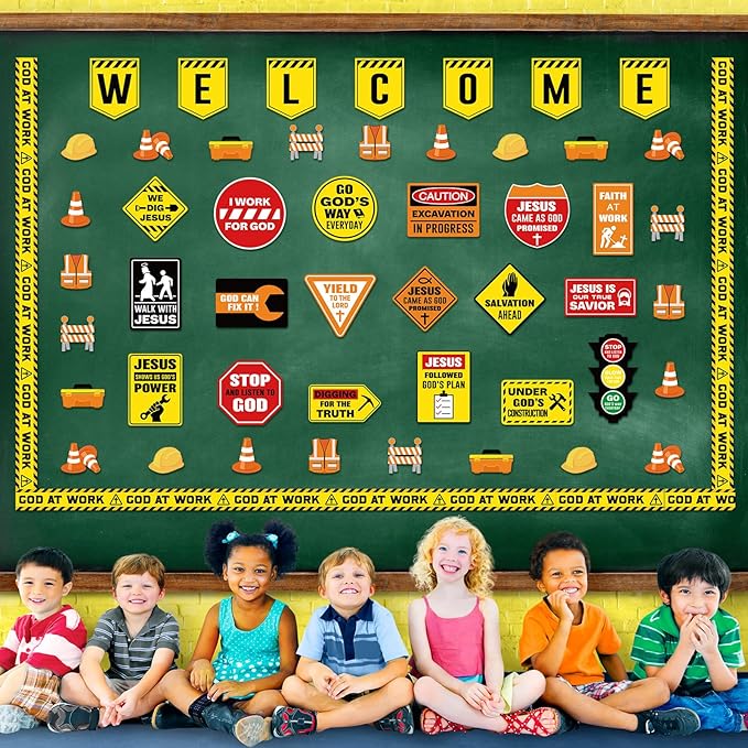 Harloon 67 Pcs Christian Construction Classroom Decorations Religious Welcome Bulletin Boards Cutouts Road Trip Signs for Elementary Preschool Motivational Scripture Construction Supplies VBS Decor