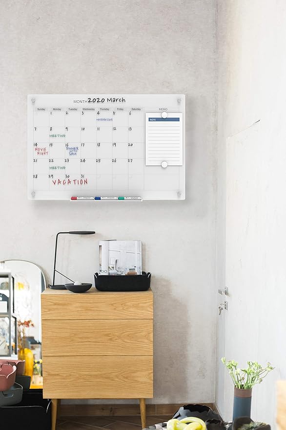 Audio-Visual Direct Magnetic Glass Dry Erase Board Set (4' x 3', Calendar Ultra White) for Wall - Monthly Planner