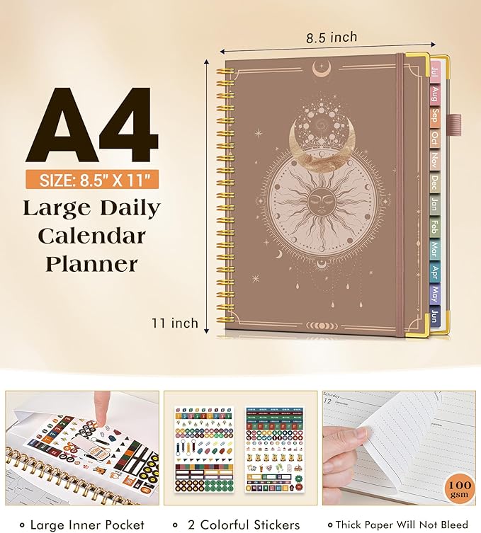 Academic Planner 2026-2027, Hardcover Weekly and Monthly Calendar Planner from July 2026 - June 2027, 8.5" x 11" A4 Large Daily Agenda with Tabs, College School Organizer for Student Teacher, Boho Sun & Moon