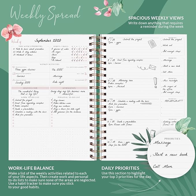 PLANBERRY Large Weekly Planner Premium – Undated Life & Budget Planner – Organizer & Productivity Journal, 8x10.4″ (Natural Green)