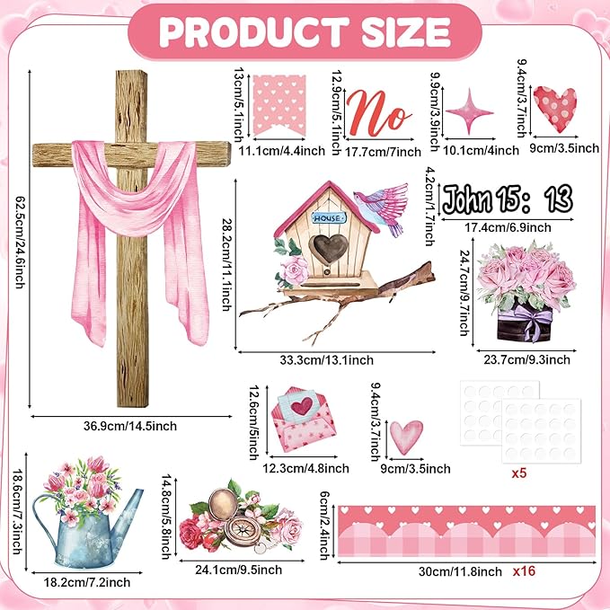 Valentine's Day Christian Bulletin Board Set Religious Bible Verse Classroom Decoration No Greater Love Heart Rose Cross Cutouts for Sunday School Church VBS Classroom Party Chalkboard Wall Decor
