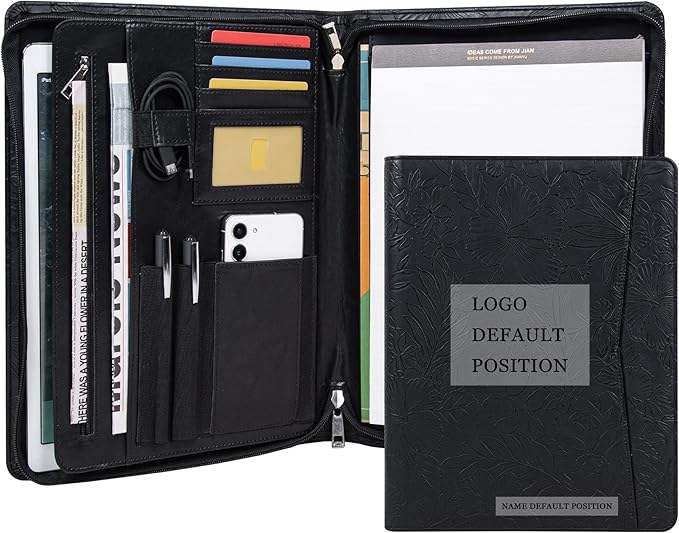 Free Engraved Name, Personalized PU Leather Portfolio, Embossed Resume Padfolio Folder with A4 Size Clipboard, Professional Business Organizer Folio, Gift for Women/Men, Customized(Black)