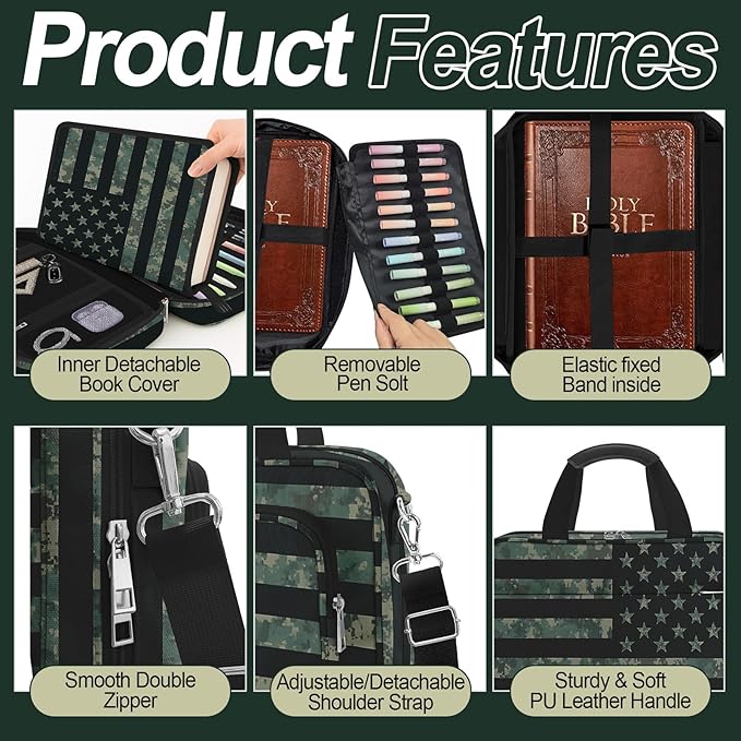 American Flag Caom Bible Cover Case for Men Boys, Large Kids Tactical Bible Carrying Book Case Church Bag, Bible Study Supplies Journaling Kit, Highlighters,Pens Cross Clips, Christian Gifts