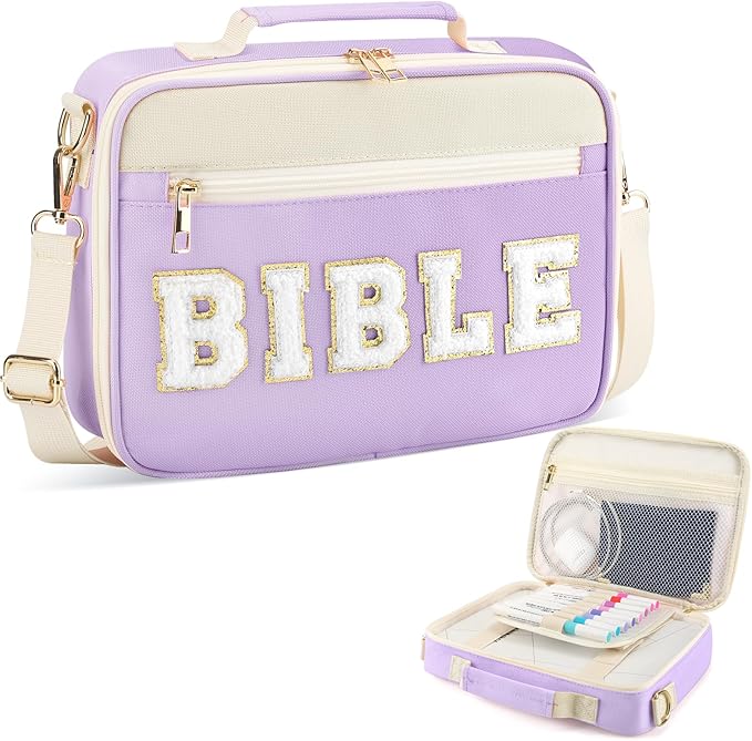 Bible Cover Case for Women Grils, Preppy Bible Bag with Adjustable Shoulder Strap, Waterproof Bible Carrying Tote Bags Holder for Bible Study Supplies Accessories & Christian Gifts (Purple)