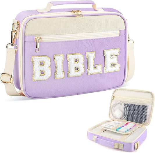 Bible Cover Case for Women Grils, Preppy Bible Bag with Adjustable Shoulder Strap, Waterproof Bible Carrying Tote Bags Holder for Bible Study Supplies Accessories & Christian Gifts (Purple)