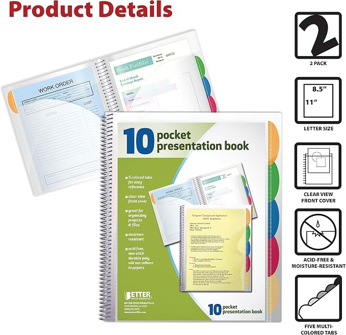 Better Office Products 10 Pocket Poly Presentation Folder with tabs, 2 Count
