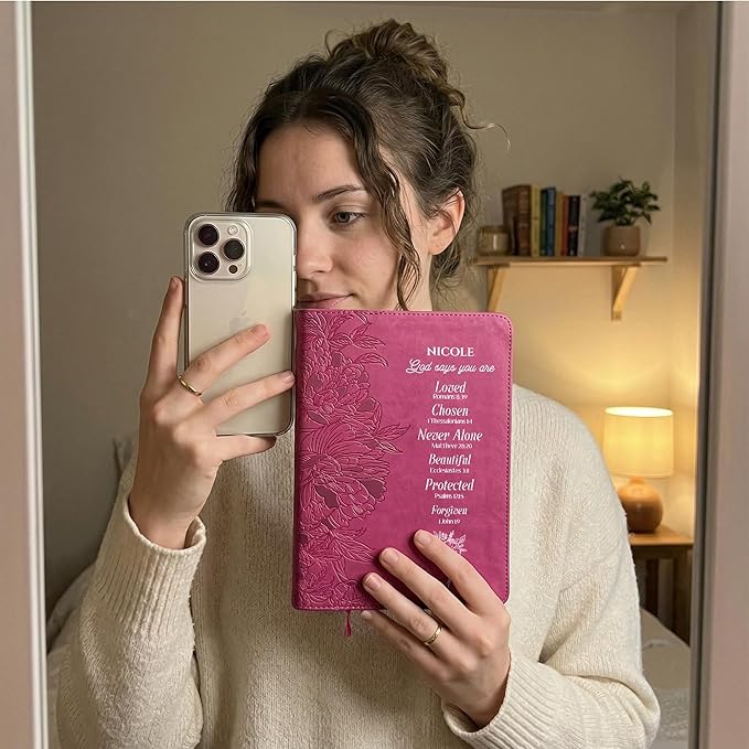 Personalized NLT Gift Bible, New Living Translation, Red Letter, Faux Leather, Peony Pink, Custom Name Bible for Women, Christian Graduation Gift for Her, Birthday Gift, Inspirational Keepsake