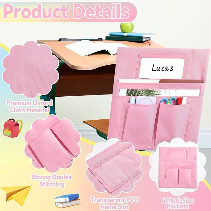 gisgfim 24 Pcs Small Chair Pockets for Classroom 13 x 14 Inch Bag with Name Tag Multi Pockets Chairsback Pouch Organizer for Student Kindergarten Elementary Daycare (Pastel)
