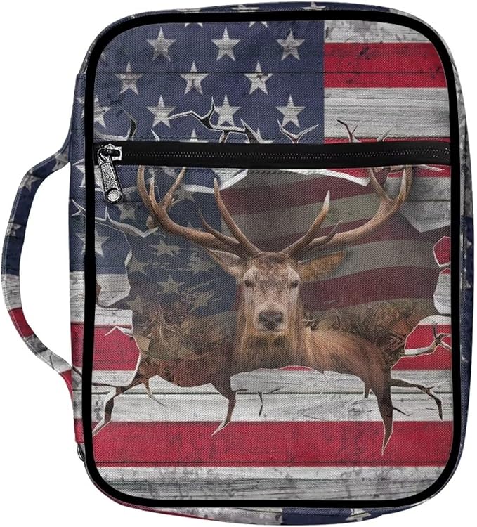 Suobstales 3D Deer American Flag Print Bible Covers for Women Men Bible Case Bible Bag and Tote Bible Accessories with Handle and Zippered Pocket Carrying Book Case