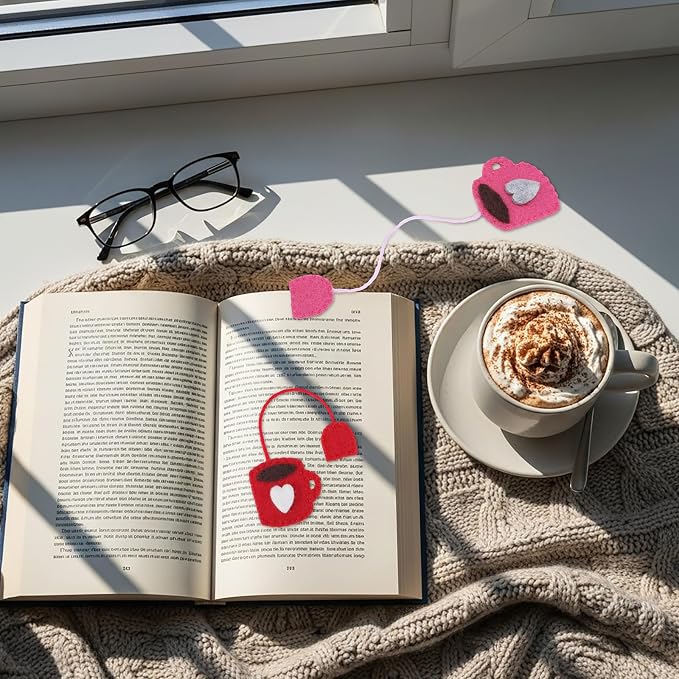 Honoson 6 Pcs Cups and Tea Bag Felt Bookmarks Cute Hand Teapot Gift Mug Shape Hand Embroidered Bookmarks for Holiday Women Teacher Book Reading Lovers