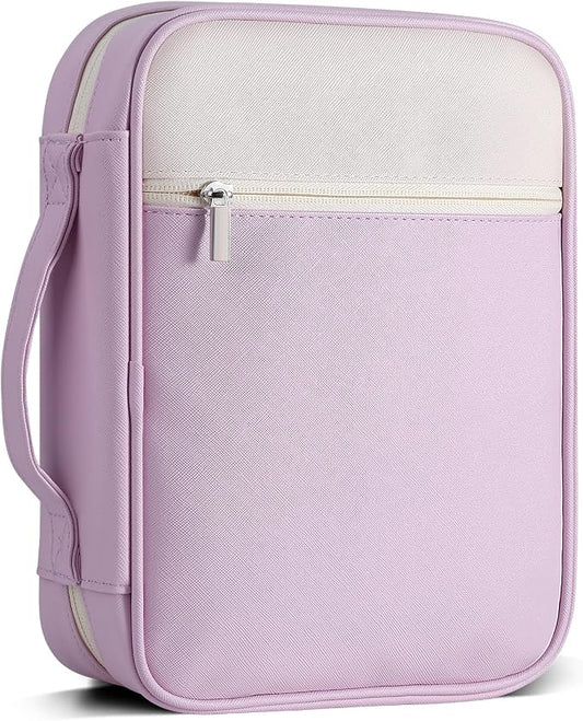 GERMUN Bible Cover with Durable Handle, Carrying Book Case Church Bag Bible, Protective with Zippered Pocket, Bible Accessories Supplies, Book Protector for Book Lovers, WhitPurple