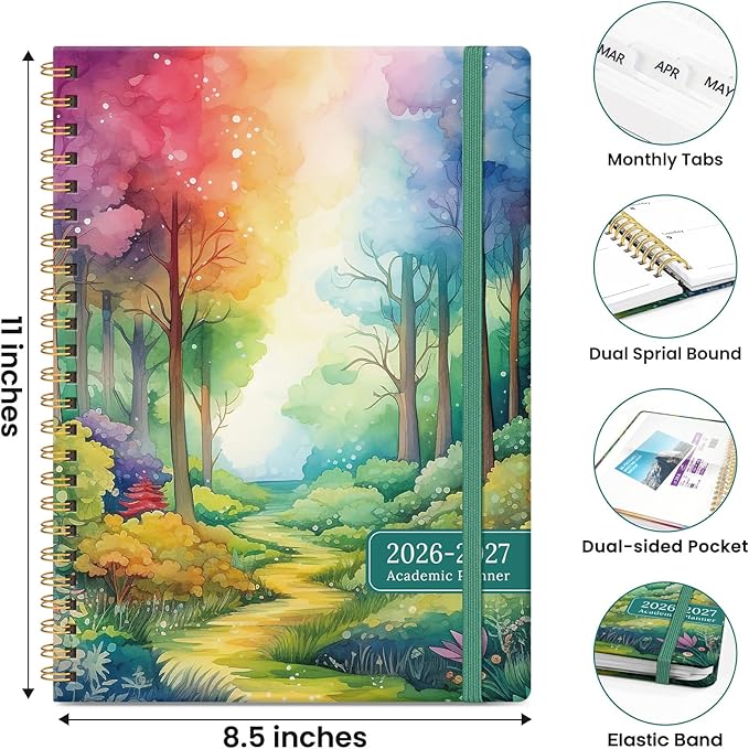 Planner 2026-2027, Monthly and Weekly Academic Planner July 2026 - June 2027, Hardcover Student Teacher Planning Agenda Calendar Book with Tabs, Perfect for Office School Supplies, A4 (8.5" x 11") - Mystic Forest