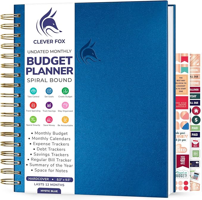 Clever Fox Budget Planner – Coiled Finance Book, Monthly Financial Journal, Budgeting Organizer & Expense Tracker Notebook, 8.5x9.5″ (Mystic Blue)