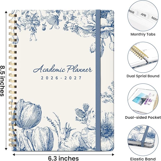 2026–2027 Academic Planner, Weekly and Monthly Planner for Women, July 2026 - June 2027, Pretty Hardcover 2026–2027 Academic Planner with Tabs, Inner Pocket, Spiral Bound, Perfect Office Home School Supplies - 6.3" x 8.5", Blue Elegance