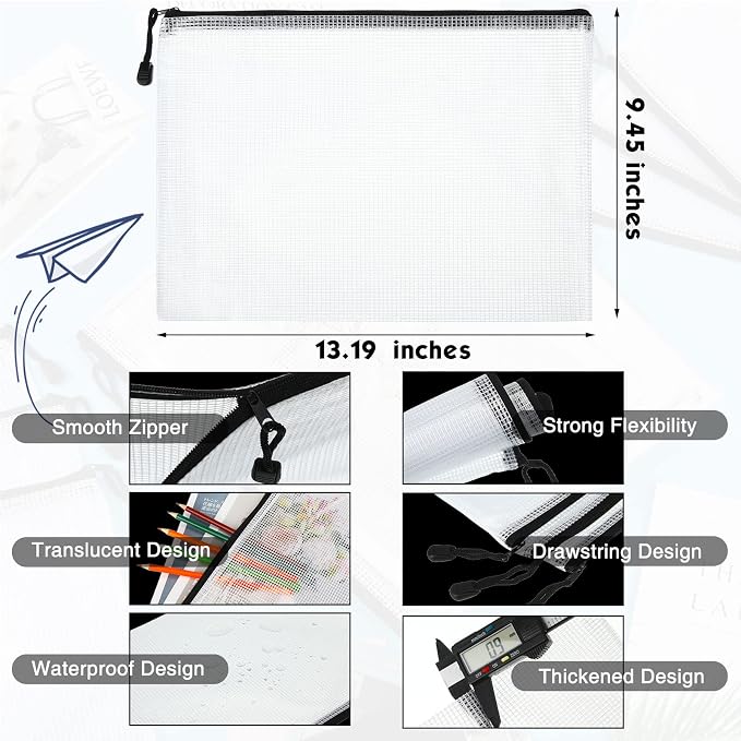 Zhehao 100 Pcs A4 Mesh Zipper Pouch Bag Bulk Mesh Pouch with Zipper Waterproof Clear Storage Bag for School Office Supplies Cosmetics Travel(A4(13.19 x 9.45 in),Black)