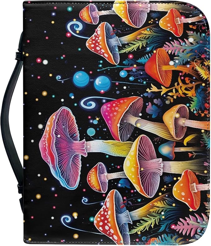 Colorful Mushrooms Bible Cover with Durable Handle，Bible Case for Women Girls，Bibl e Carrying Case Bible Journaling Supplies for Bible Cover-Size L