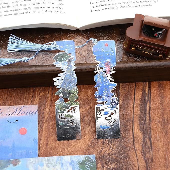 2 Metal Bookmarks with Tassel, Oil Painting Woman with a Parasol and Impression Sunrise
