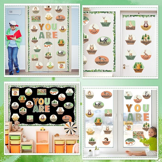 gisgfim Woodland Animals Inspirational Bulletin Board Decorations Set Jungle Safari Animal Motivational Paper Cutouts Woodland Animal Positive Bulletin Board Decor for Teacher School Chalkboard Wall