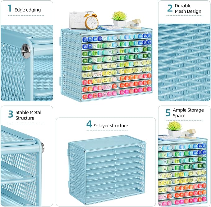 Marbrasse Mesh Marker Organizer, Metal Desktop Storage Rack for 126 Markers, Pens, Pencils, 9 Tier Marker Holder for Office Classroom & Home Art Supplies(Blue)