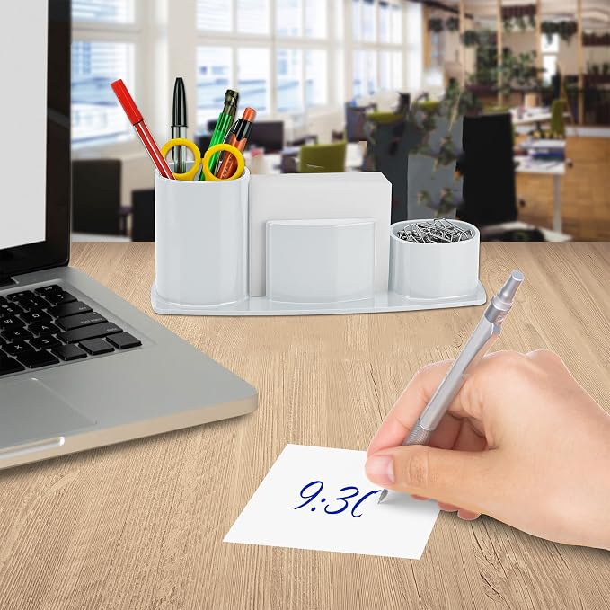 Acrimet Millennium Desk Organizer Cup Caddy – Plastic Desktop Holder for Pen, Pencil, Clips, Desk Accessories & Memo Paper – Includes 200 Sheets of Memo Paper (White Color)