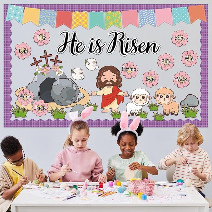 Easter Bulletin Board Set He is Risen Spring Easter Classroom Decorations Christian Jesus Cross Cutouts Flower Name Tags Purple Plaid Bulletin Board Borders for Church Sunday School Wall Door Decor