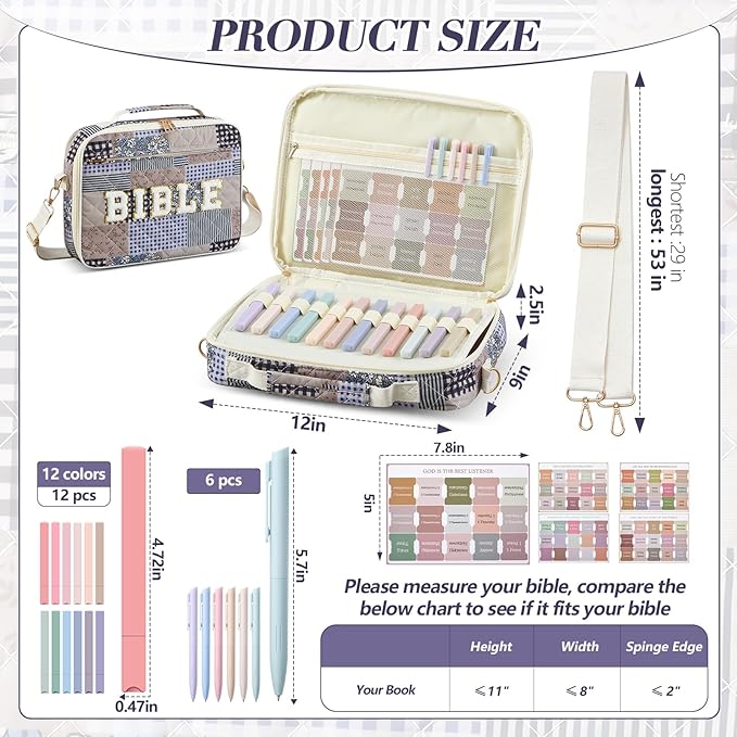 Sinload Quilted Bible Cover Case for Women 12 x 9 x 2.5 Inch Bible Chenille Letter Bag with Shoulder Strap Carrying Tabs 6 Colored Pens 12 Highlighters Christian Church Study Gifts(Dark,Splicing)