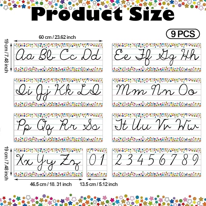 Set of 9 Confetti Cursive Writing Bulletin Board Colorful Cursive Alphabet Wall Strip for Teacher Supplies, Classroom Teaching Tool, Homeschooling, Kids Education